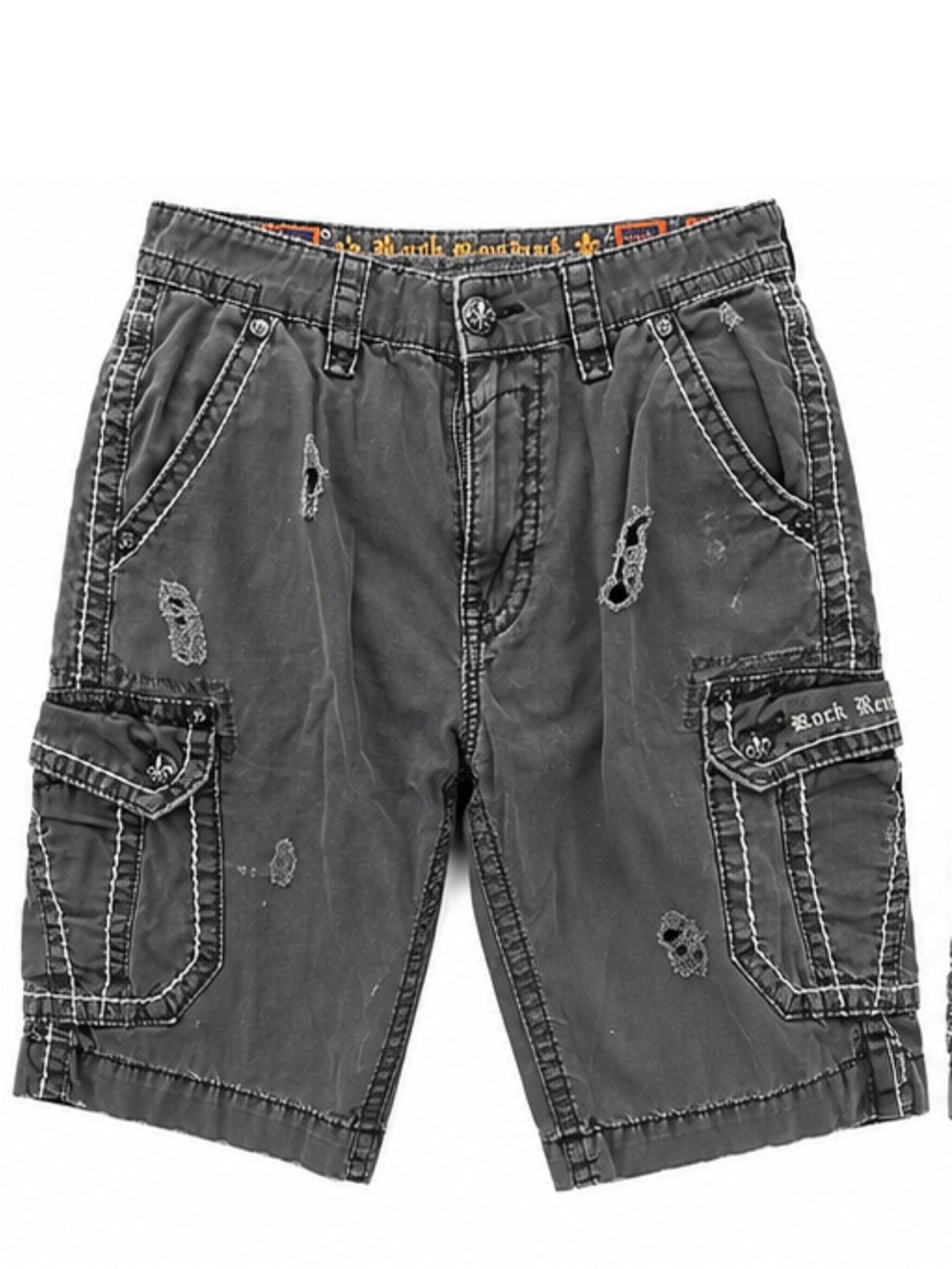 Rock Revival Men’s Classic Cargo Shorts 34x23 Black Distressed Fleur De Lis
